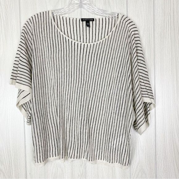 Eileen Fisher | Organic Linen Striped Short Sleeve Sweater Size Medium - Picture 1 of 11